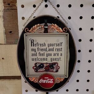 Coca-Cola stained glass hanging sign with chain 7" oval